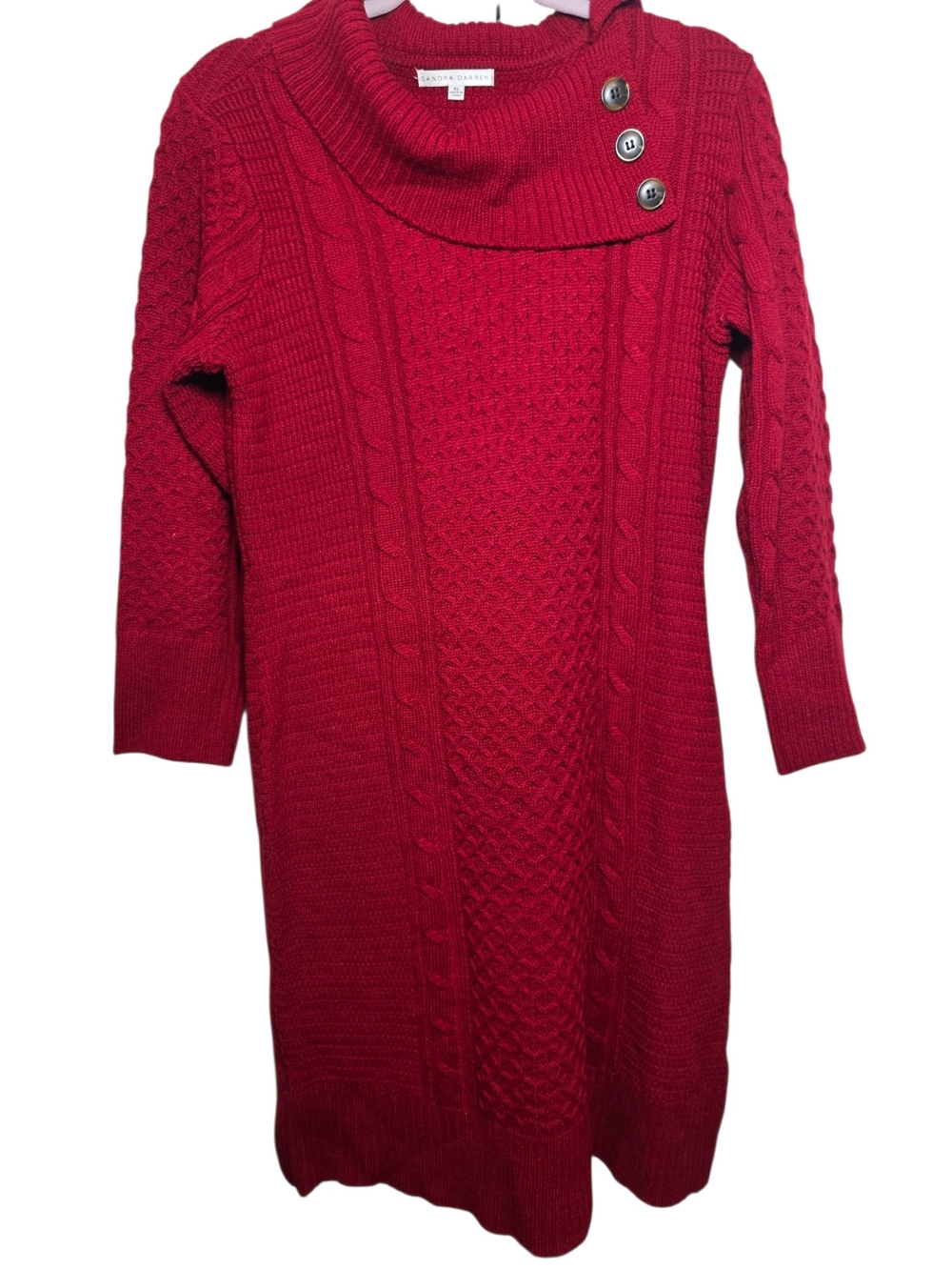 Sandra Darren Red Cable Knit Cowl Neck Sweater Dress XL Accent Buttons Festive